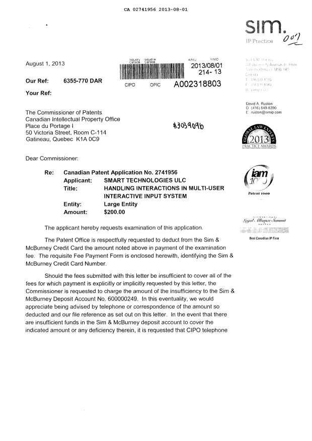 Document de brevet canadien 2741956. Poursuite-Amendment 20130801. Image 1 de 2
