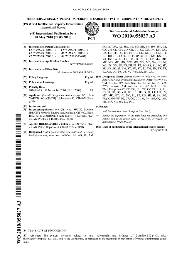 Document de brevet canadien 2741974. Abrégé 20110428. Image 1 de 1