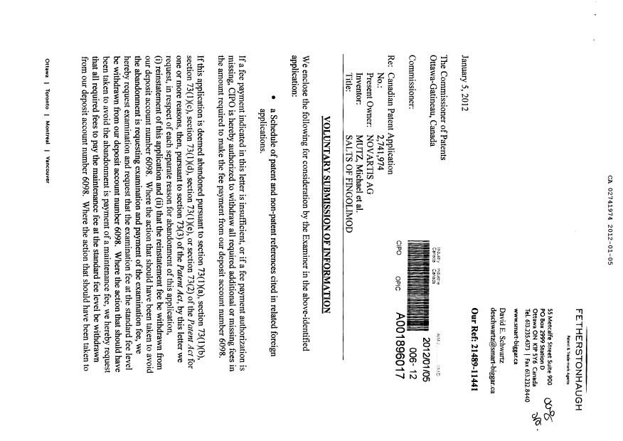 Document de brevet canadien 2741974. Poursuite-Amendment 20120105. Image 1 de 2