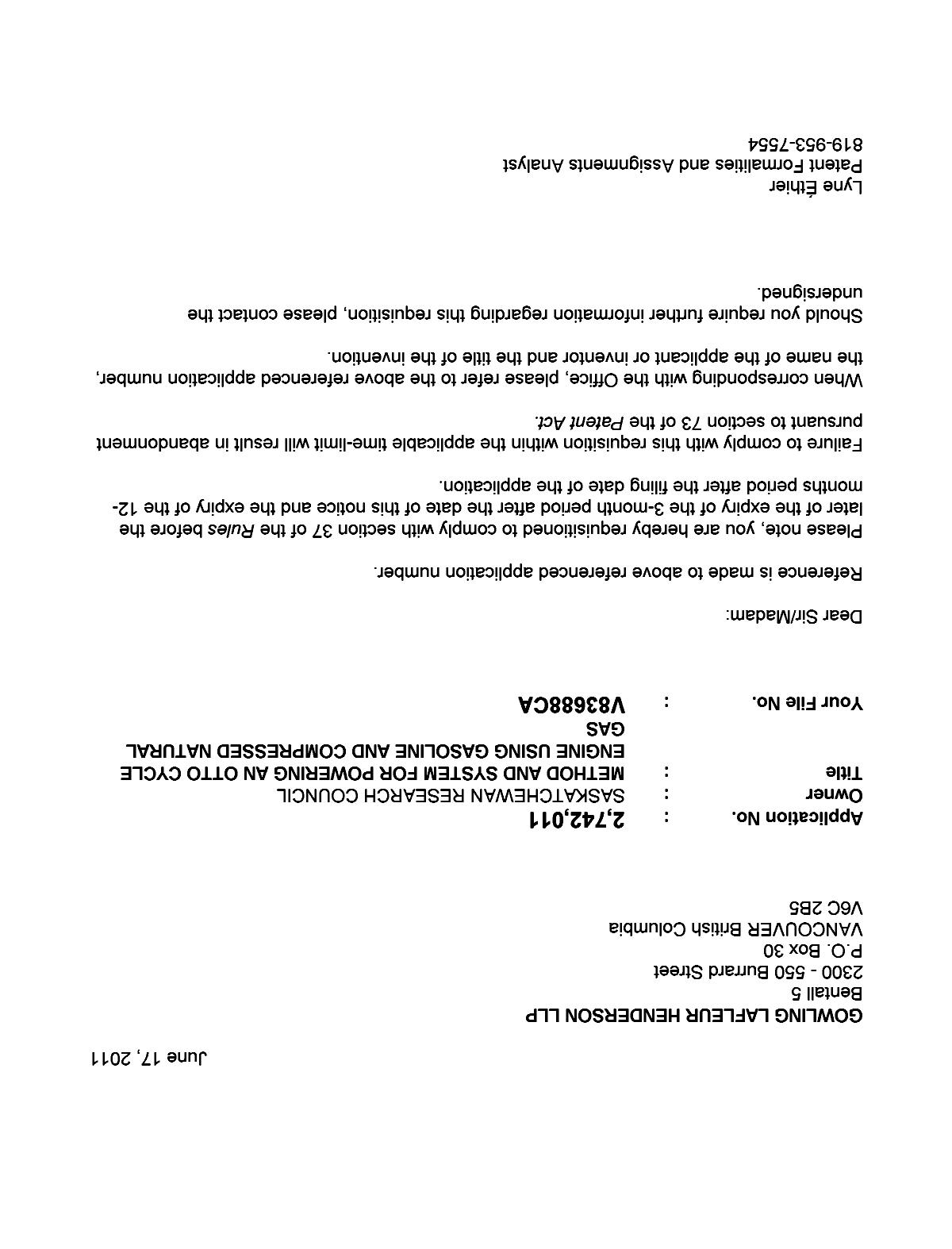 Document de brevet canadien 2742011. Correspondance 20101217. Image 1 de 1