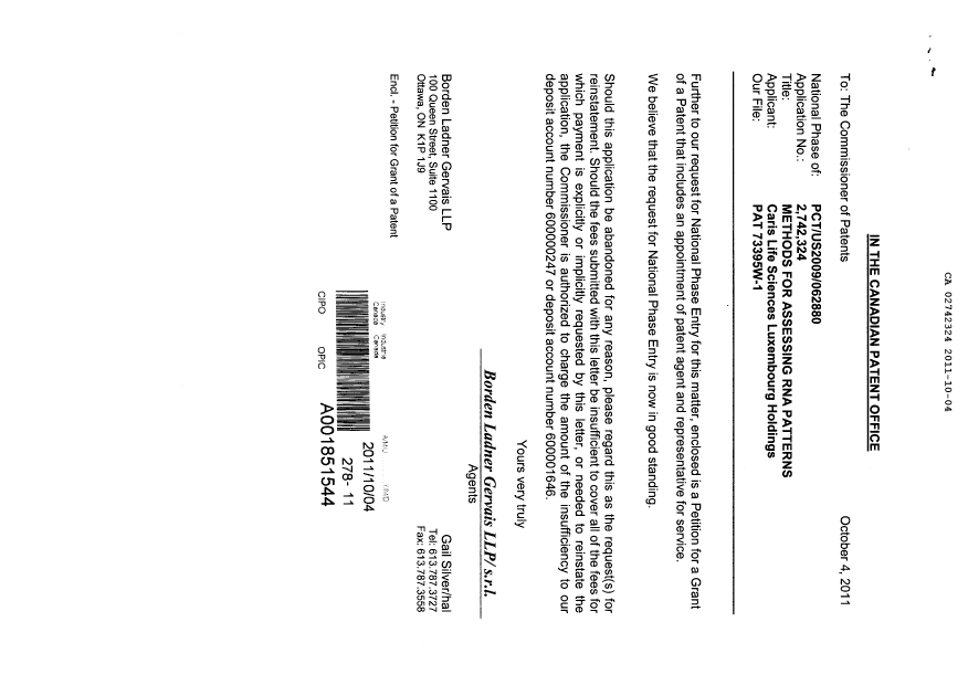 Document de brevet canadien 2742324. Correspondance 20111004. Image 1 de 3