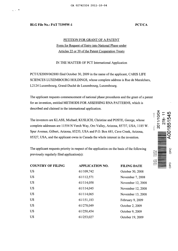 Document de brevet canadien 2742324. Correspondance 20111004. Image 2 de 3