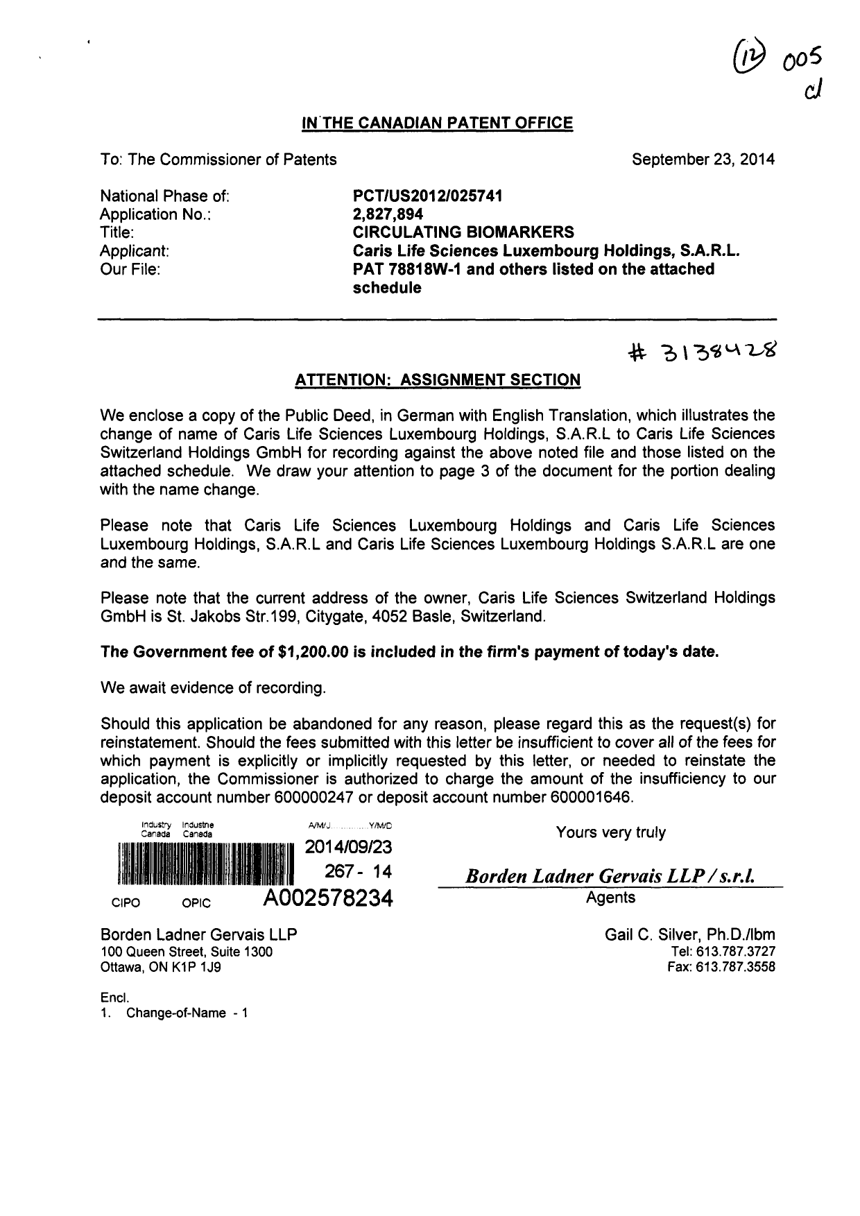 Document de brevet canadien 2742324. Cession 20140923. Image 1 de 8