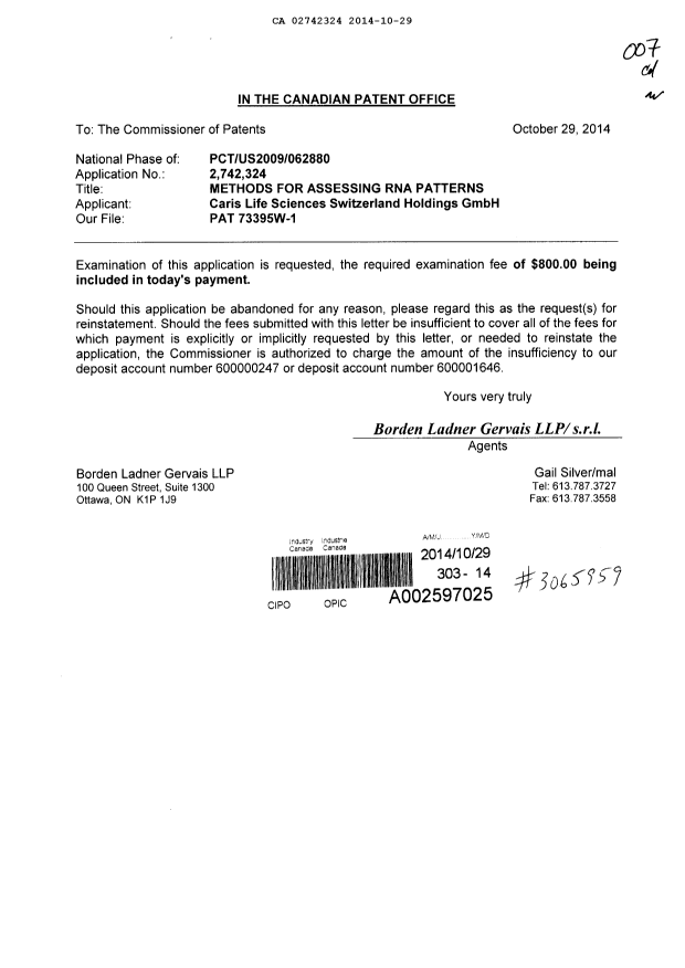 Canadian Patent Document 2742324. Prosecution-Amendment 20141029. Image 1 of 1