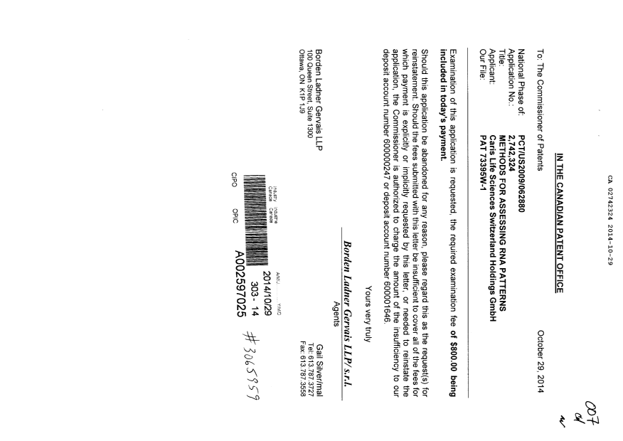 Document de brevet canadien 2742324. Poursuite-Amendment 20141029. Image 1 de 1