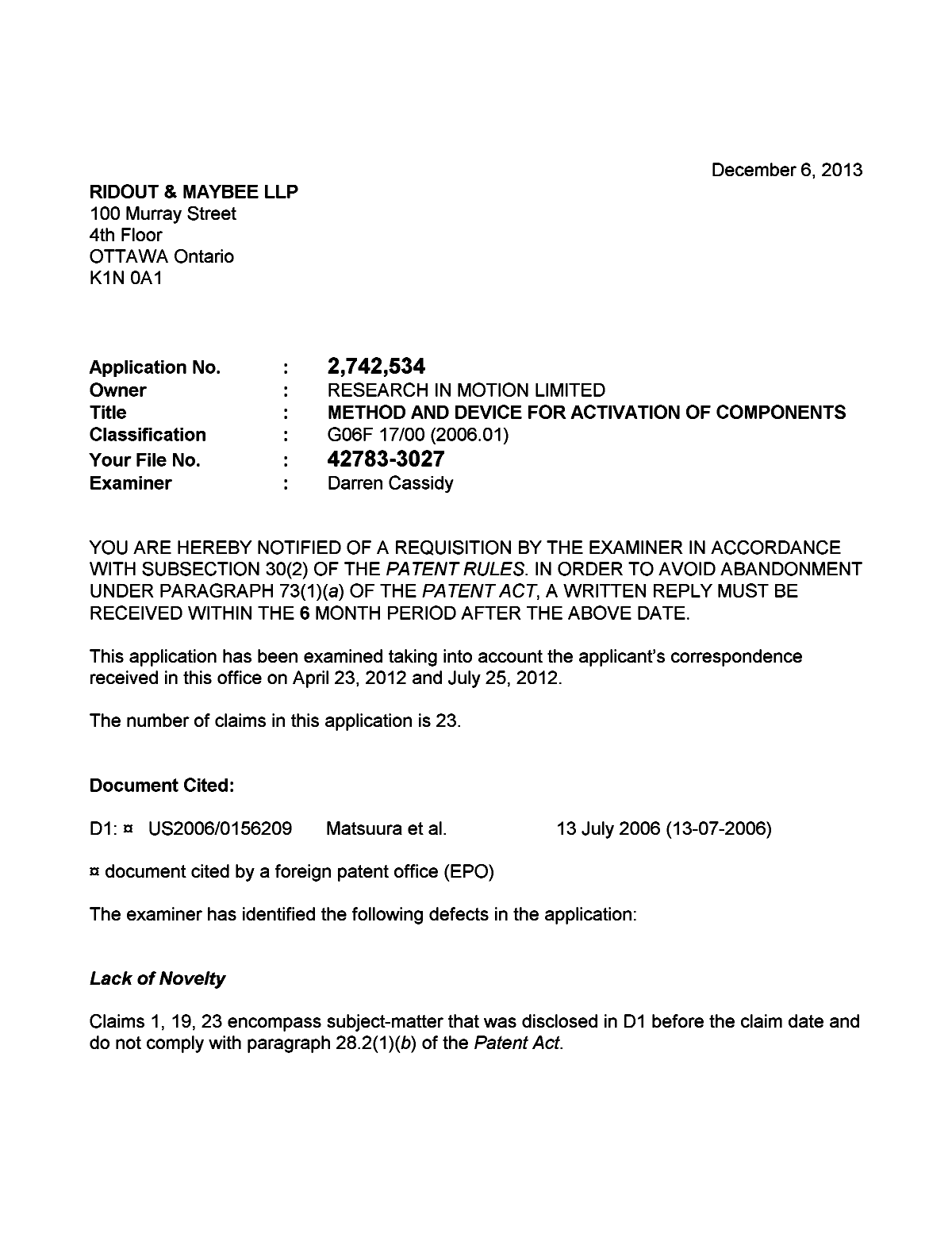 Document de brevet canadien 2742534. Poursuite-Amendment 20131206. Image 1 de 3