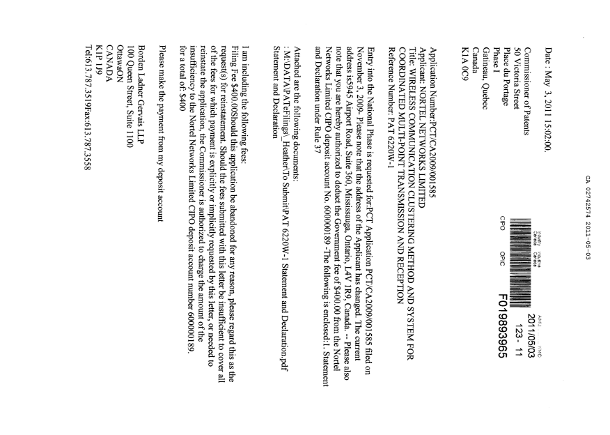 Document de brevet canadien 2742574. Cession 20110503. Image 1 de 8