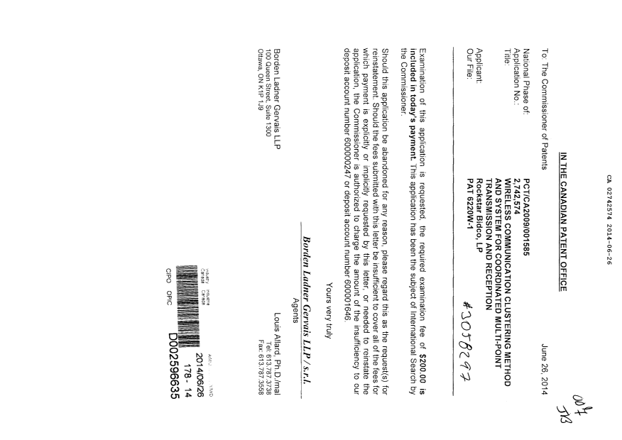 Canadian Patent Document 2742574. Prosecution-Amendment 20140626. Image 1 of 1
