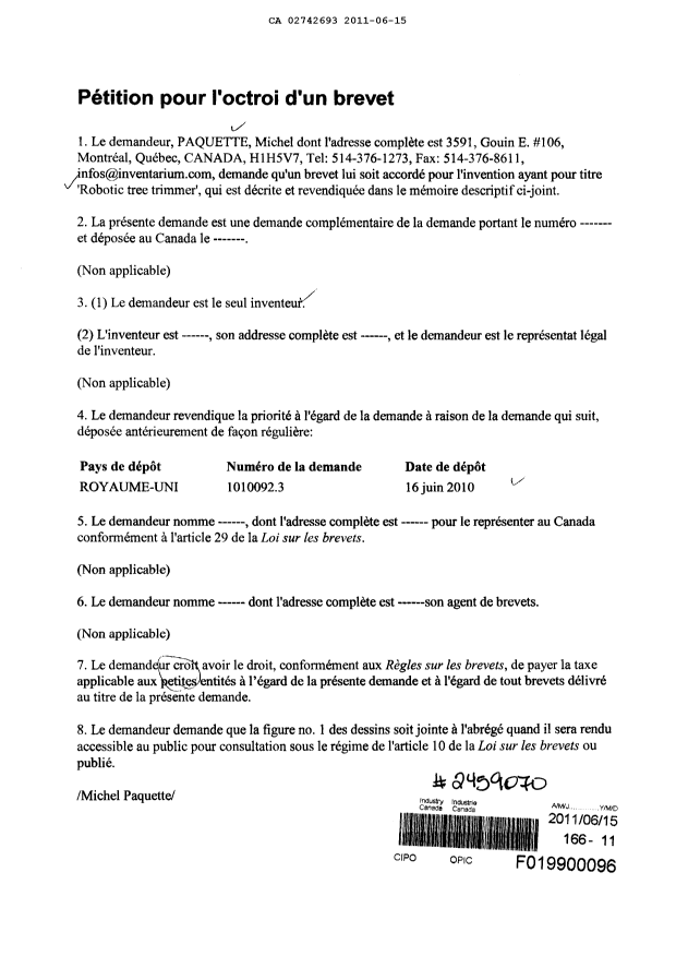 Document de brevet canadien 2742693. Cession 20110615. Image 1 de 2