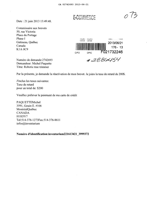 Document de brevet canadien 2742693. Taxes 20130621. Image 1 de 1