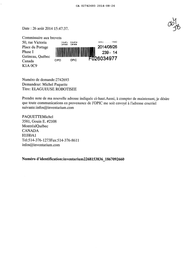Document de brevet canadien 2742693. Correspondance 20140826. Image 1 de 1