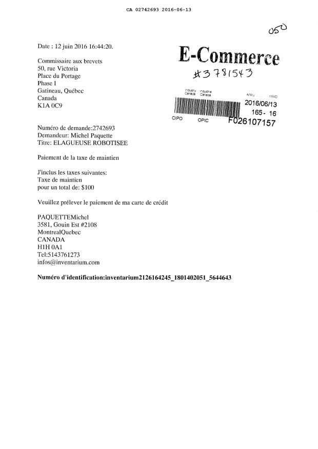 Document de brevet canadien 2742693. Paiement de taxe périodique 20160613. Image 1 de 1