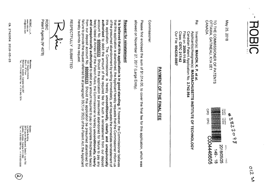 Canadian Patent Document 2742954. Correspondence 20171225. Image 1 of 2