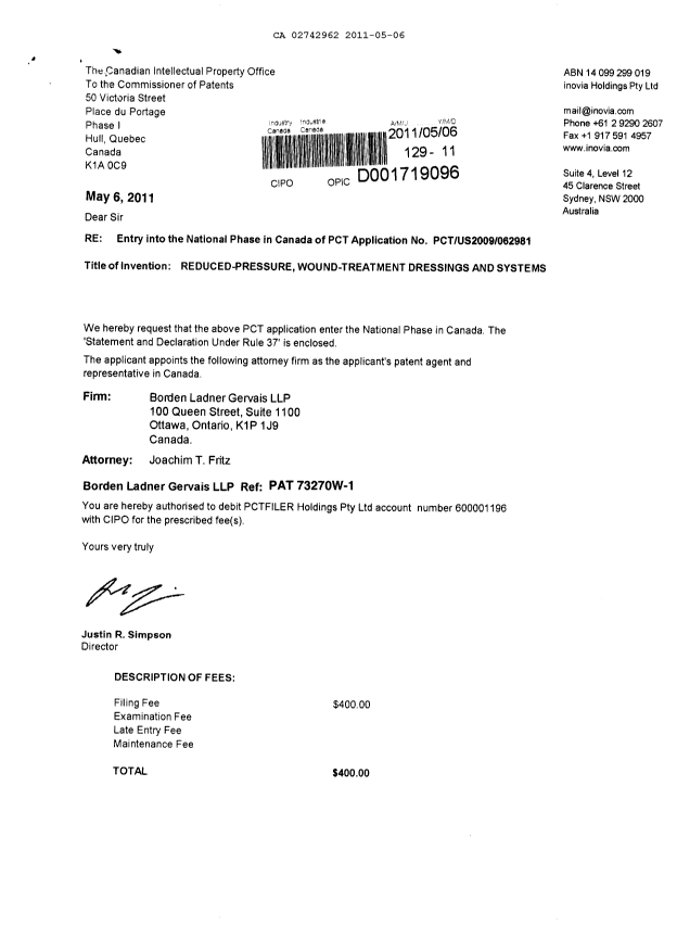 Canadian Patent Document 2742962. Assignment 20110506. Image 1 of 2