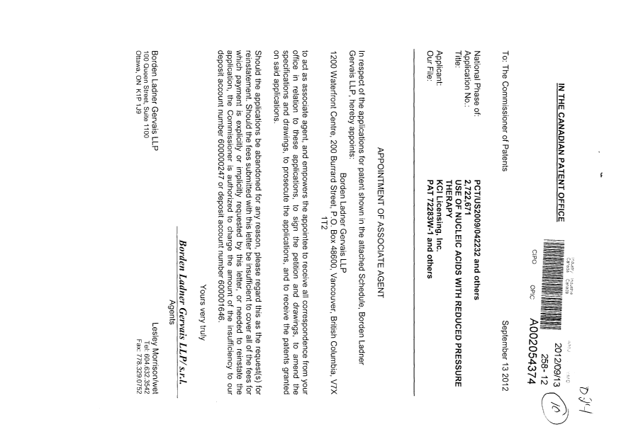 Document de brevet canadien 2742962. Correspondance 20120913. Image 1 de 2
