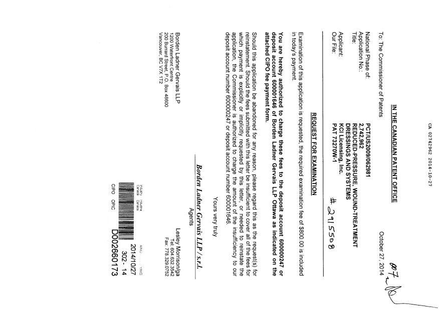 Document de brevet canadien 2742962. Poursuite-Amendment 20141027. Image 1 de 1