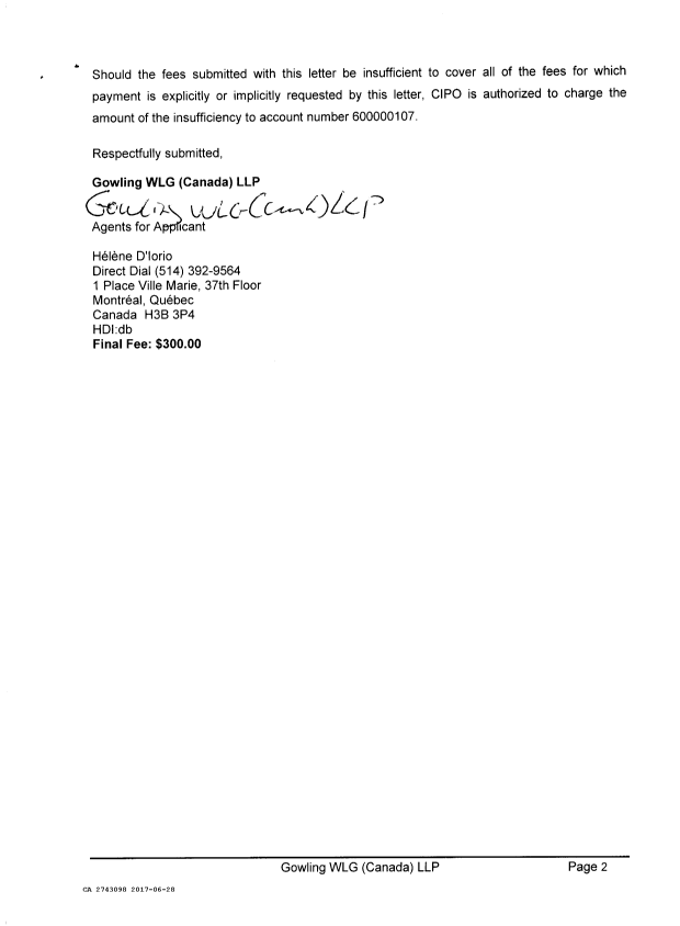Document de brevet canadien 2743098. Correspondance 20161228. Image 2 de 2