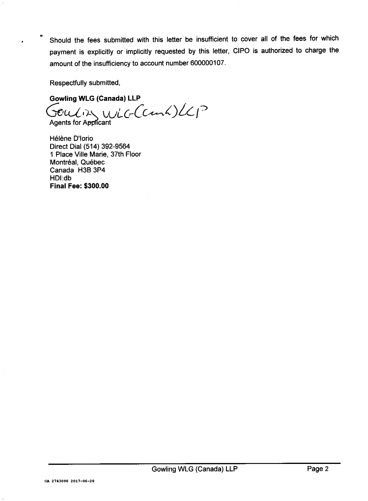 Document de brevet canadien 2743098. Correspondance 20161228. Image 2 de 2