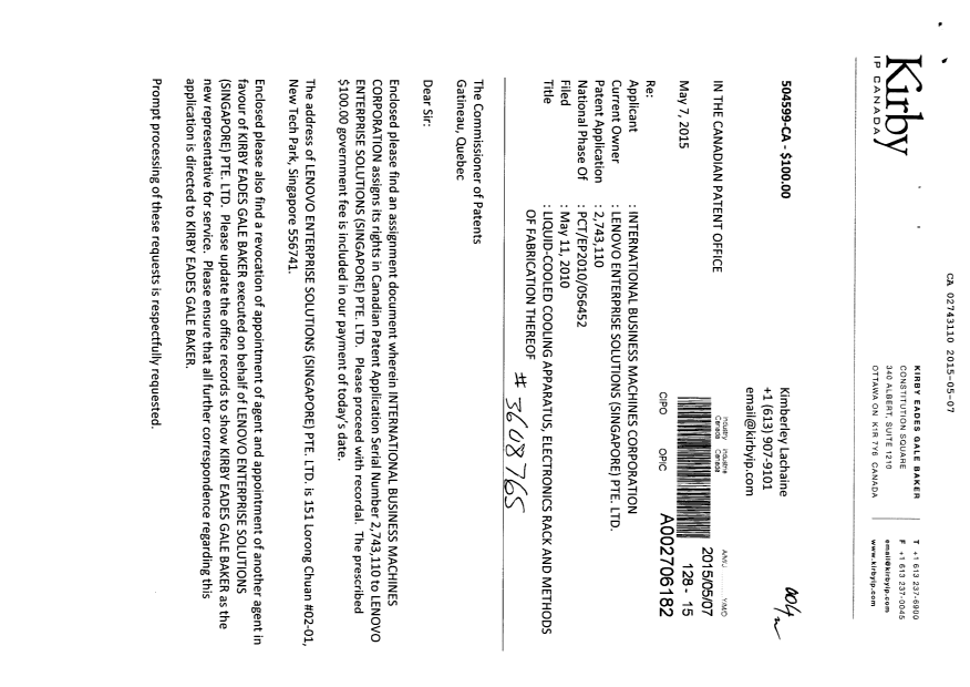 Document de brevet canadien 2743110. Cession 20150507. Image 1 de 5