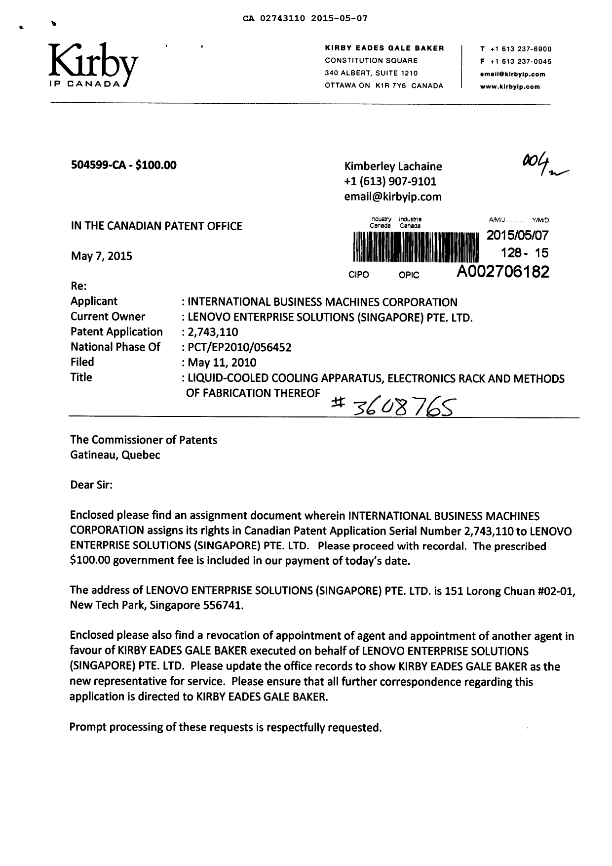 Document de brevet canadien 2743110. Correspondance 20150507. Image 1 de 3
