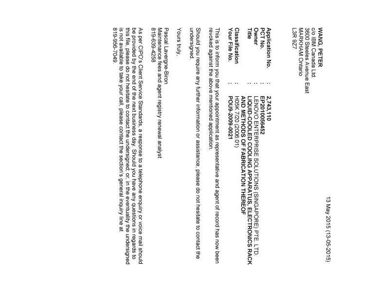 Document de brevet canadien 2743110. Correspondance 20150513. Image 1 de 1