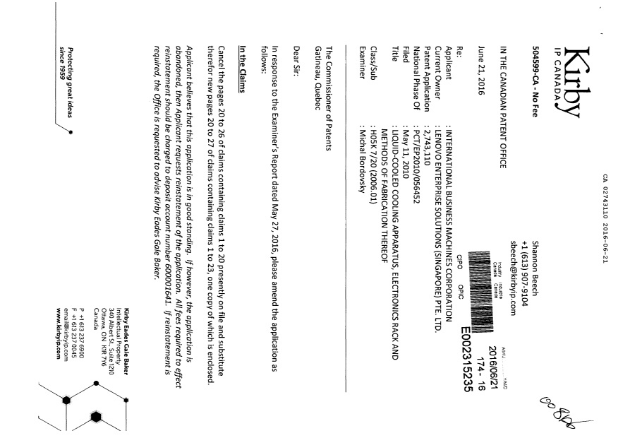 Document de brevet canadien 2743110. Modification 20160621. Image 1 de 12