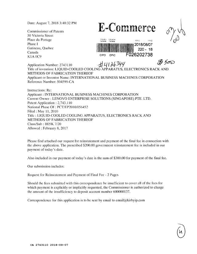 Canadian Patent Document 2743110. Final Fee 20180807. Image 1 of 4
