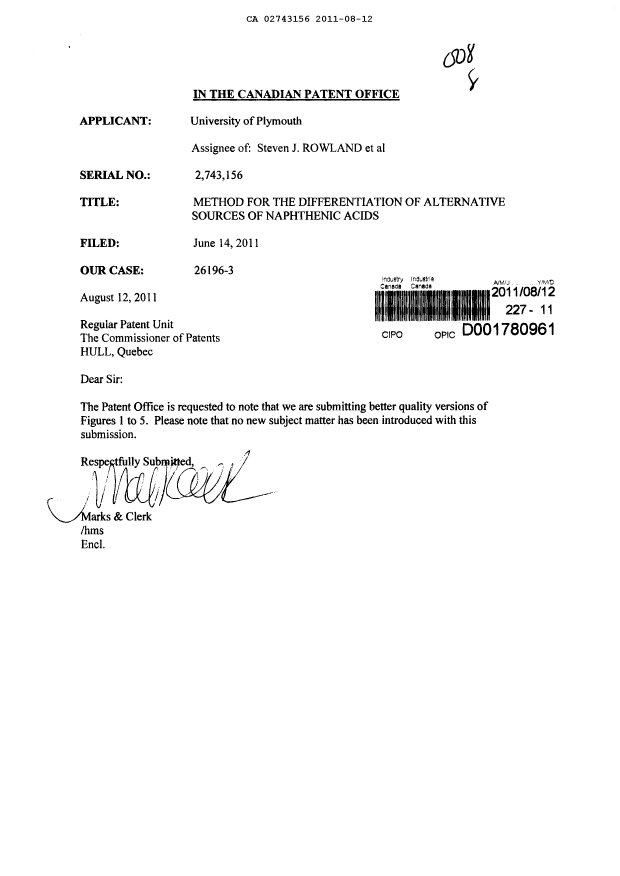 Canadian Patent Document 2743156. Prosecution-Amendment 20110812. Image 1 of 6