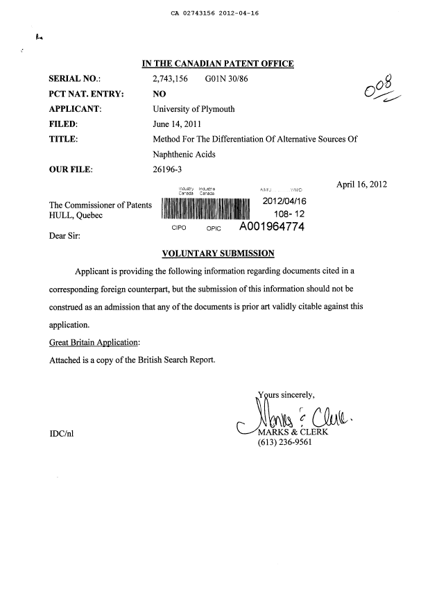 Canadian Patent Document 2743156. Prosecution-Amendment 20120416. Image 1 of 1