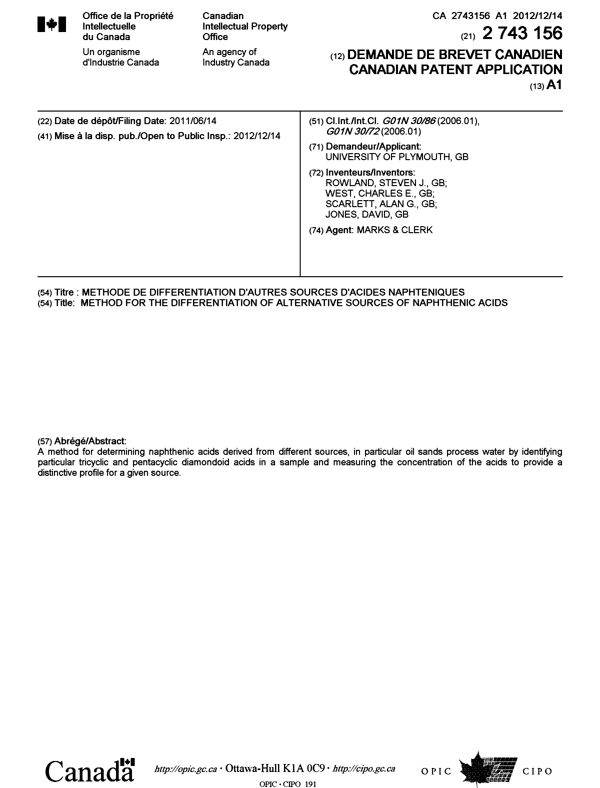 Canadian Patent Document 2743156. Cover Page 20121122. Image 1 of 1