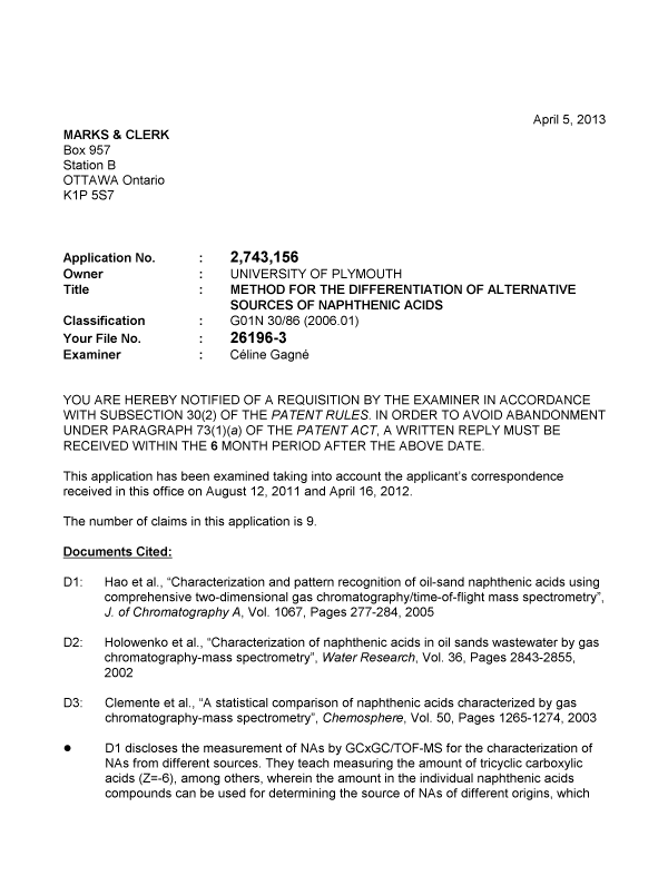 Canadian Patent Document 2743156. Prosecution-Amendment 20130405. Image 1 of 4