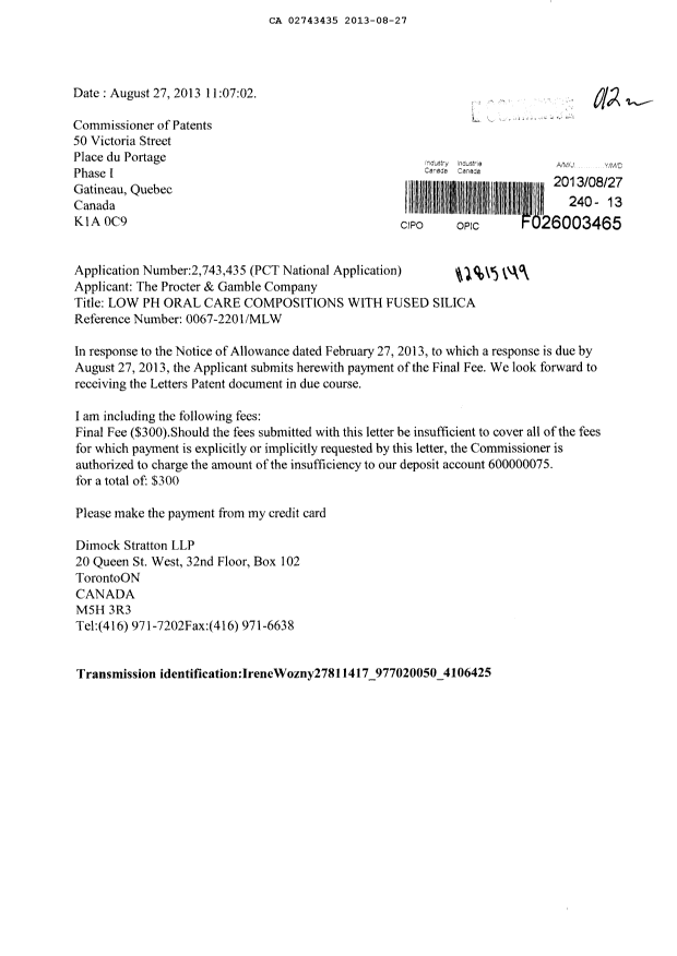 Document de brevet canadien 2743435. Correspondance 20130827. Image 1 de 1