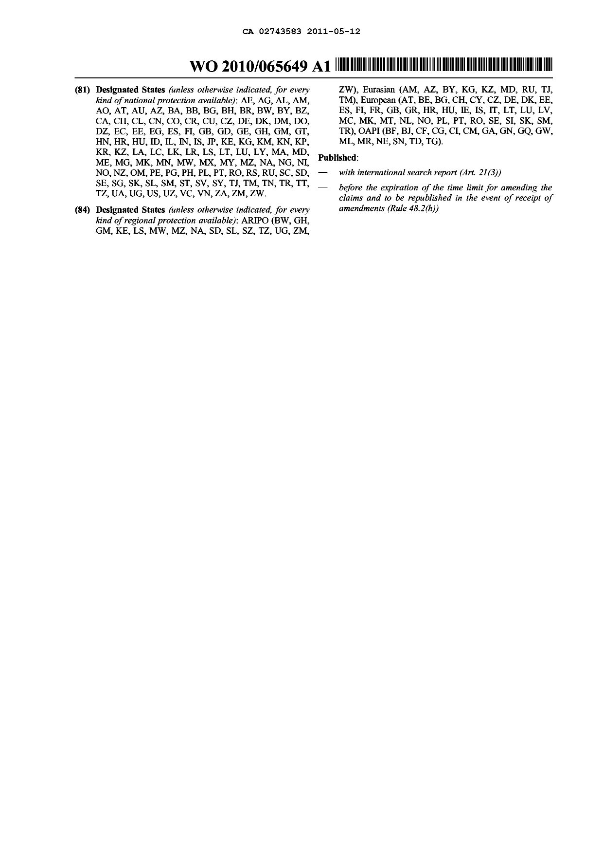 Document de brevet canadien 2743583. Abrégé 20101212. Image 2 de 2