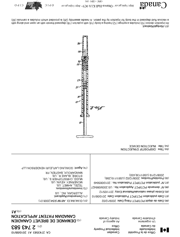 Document de brevet canadien 2743583. Page couverture 20101215. Image 1 de 2
