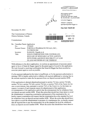 Document de brevet canadien 2743639. Correspondance 20121119. Image 1 de 3