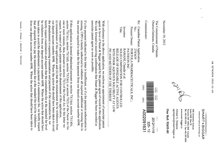Document de brevet canadien 2743639. Correspondance 20121119. Image 1 de 3