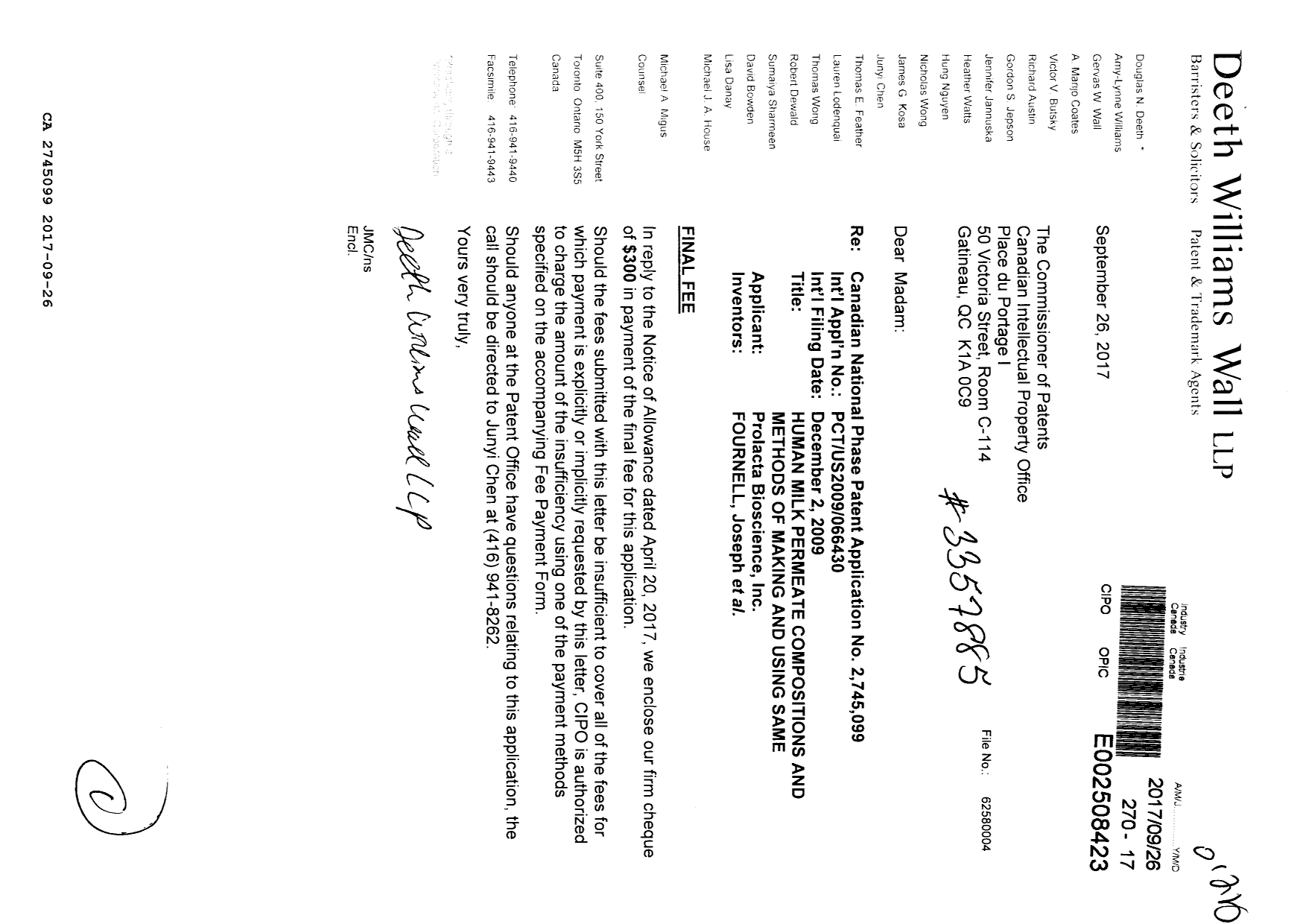 Document de brevet canadien 2745099. Correspondance 20161226. Image 1 de 1