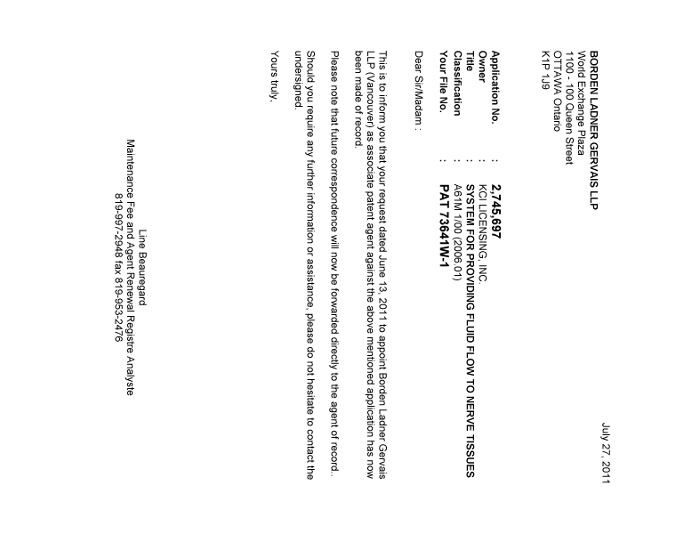 Document de brevet canadien 2745697. Correspondance 20110727. Image 1 de 1
