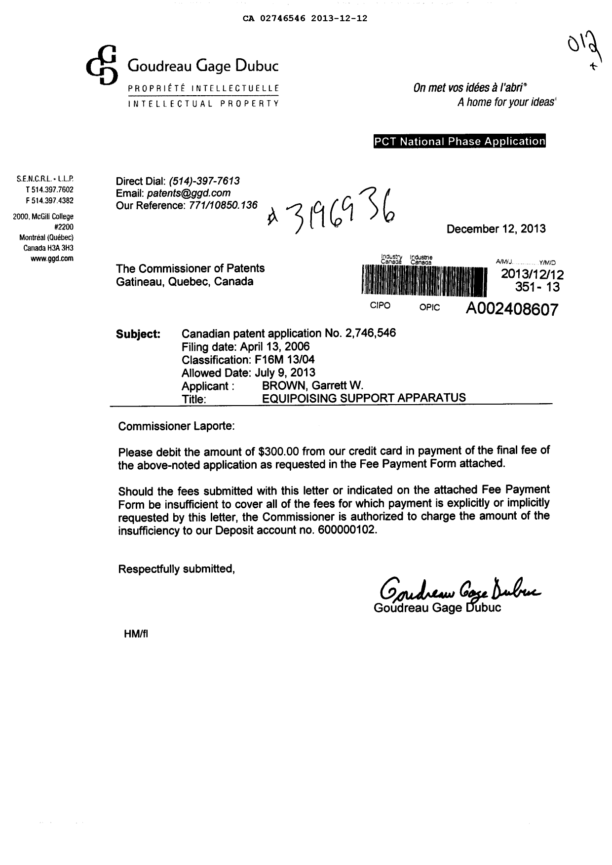 Canadian Patent Document 2746546. Correspondence 20131212. Image 1 of 1