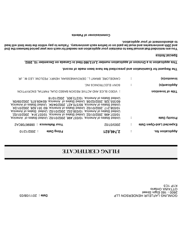 Document de brevet canadien 2746621. Correspondance 20110803. Image 1 de 1