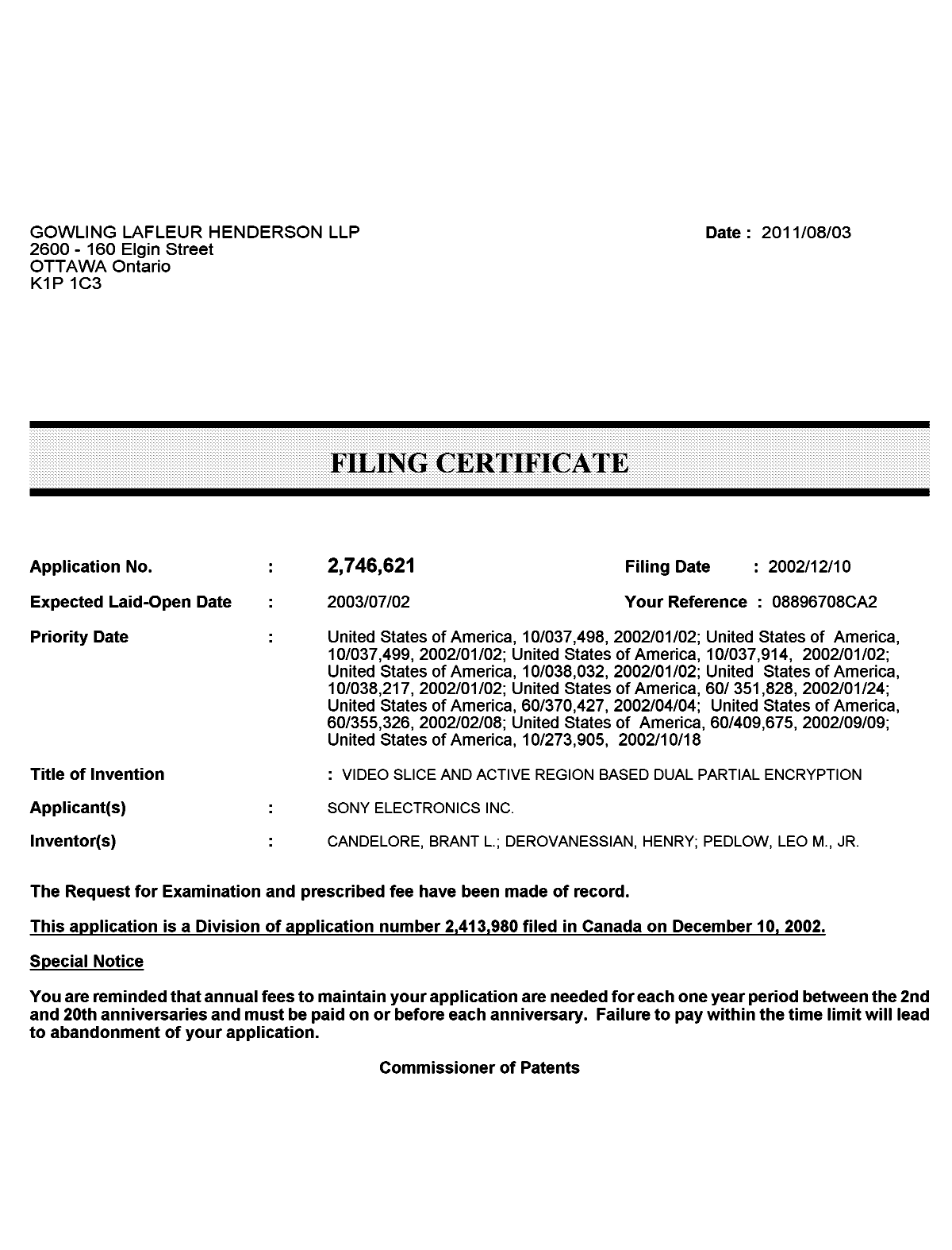 Canadian Patent Document 2746621. Correspondence 20110803. Image 1 of 1