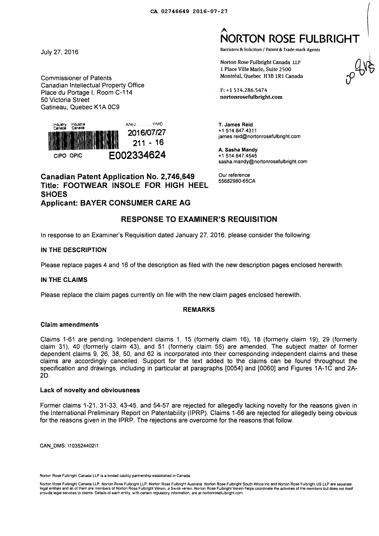 Document de brevet canadien 2746649. Poursuite-Amendment 20151227. Image 1 de 12