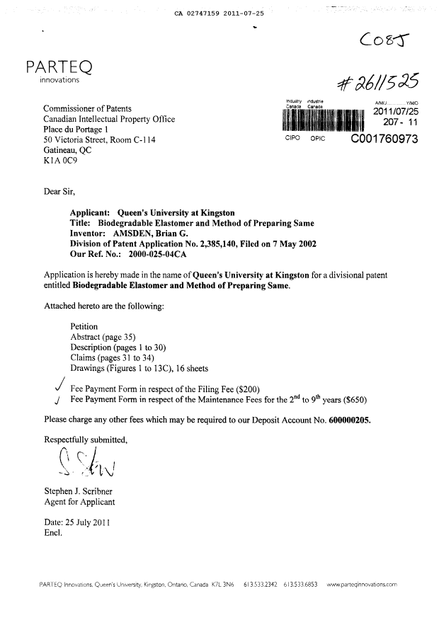 Document de brevet canadien 2747159. Cession 20110725. Image 1 de 4
