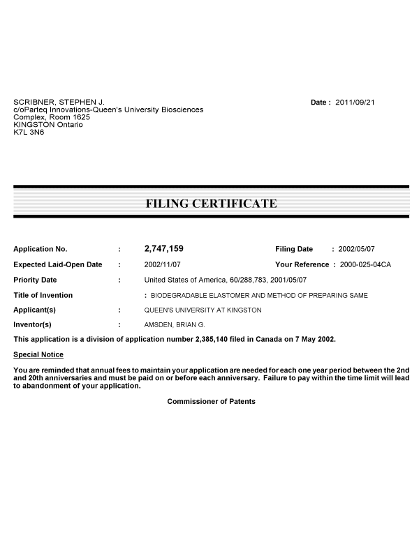 Document de brevet canadien 2747159. Correspondance 20110920. Image 1 de 1