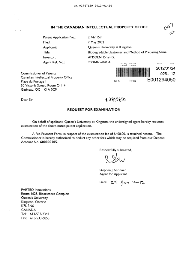 Document de brevet canadien 2747159. Poursuite-Amendment 20120124. Image 1 de 1