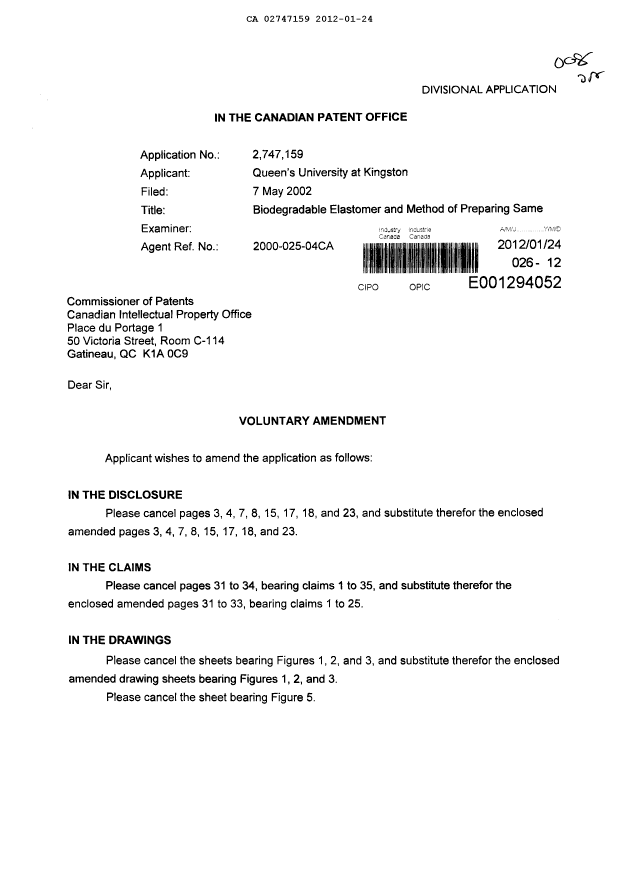 Canadian Patent Document 2747159. Prosecution-Amendment 20120124. Image 1 of 31
