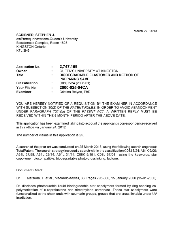 Canadian Patent Document 2747159. Prosecution-Amendment 20130327. Image 1 of 3