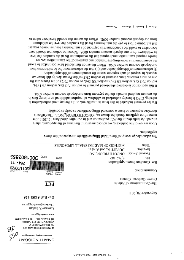 Canadian Patent Document 2747182. Correspondence 20110920. Image 1 of 3