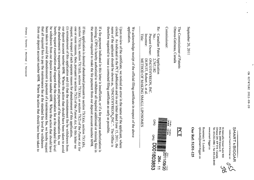 Document de brevet canadien 2747182. Correspondance 20110920. Image 1 de 3