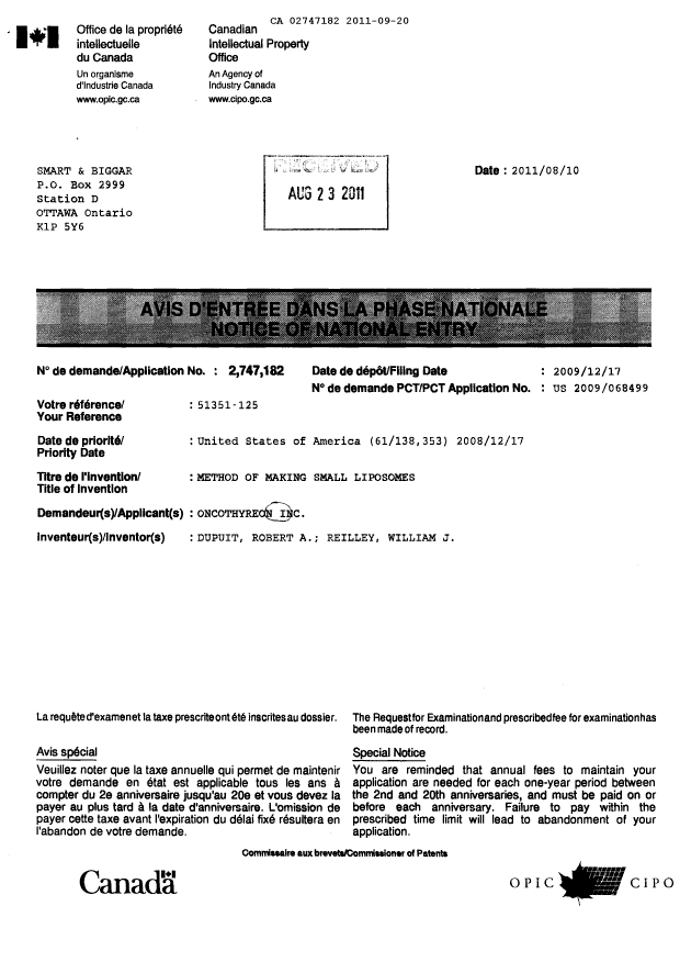 Document de brevet canadien 2747182. Correspondance 20110920. Image 3 de 3
